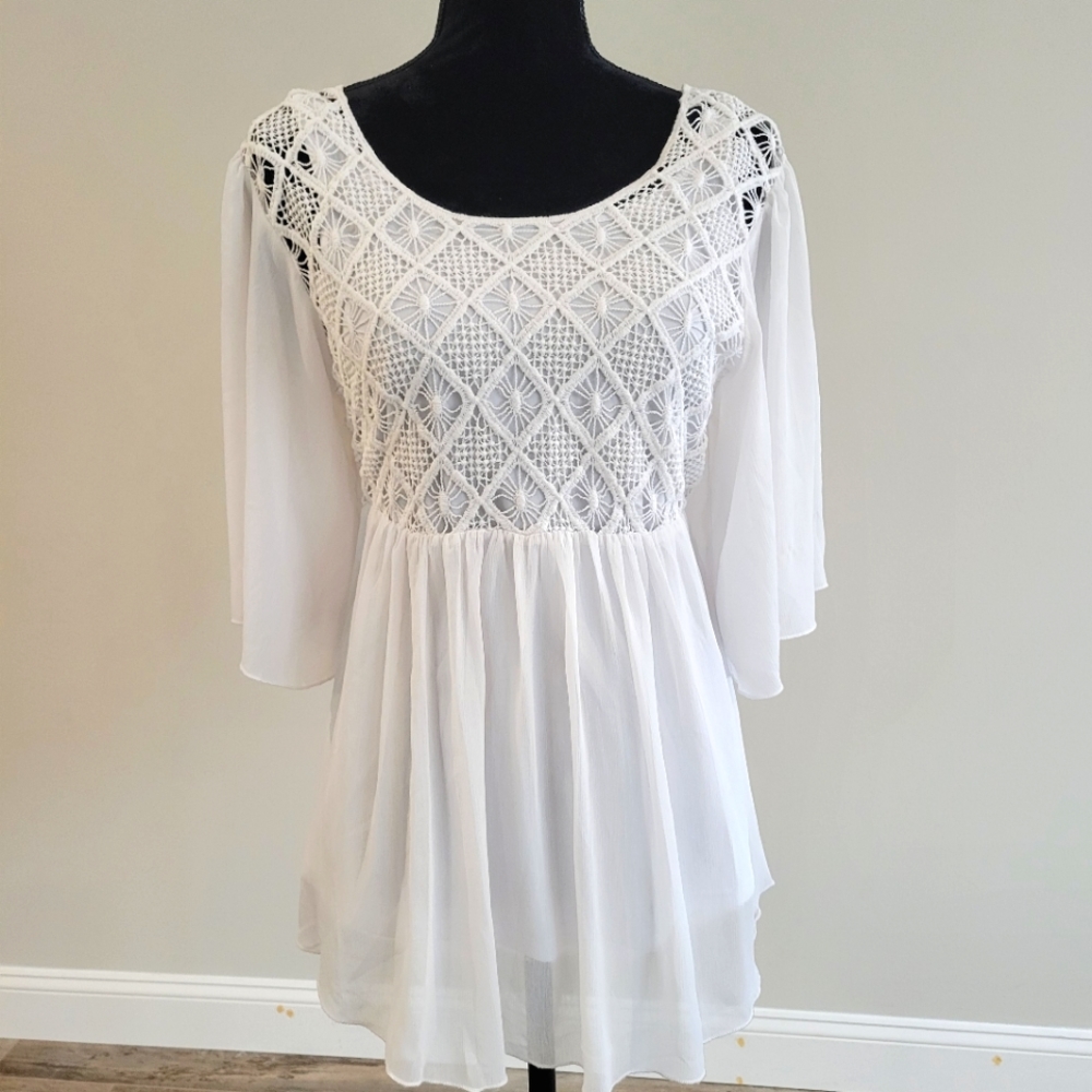 Dressbarn Roz & Ali Crochet Babydoll  Top White L
